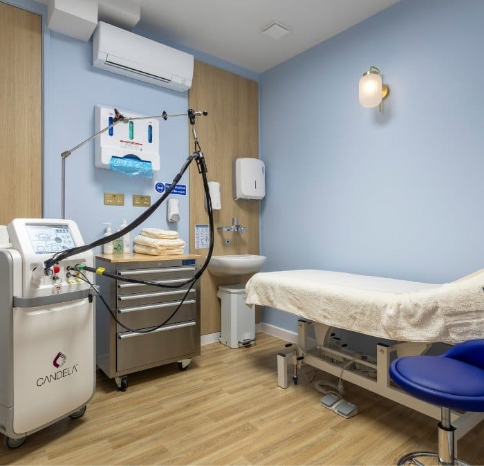 Laser treatment room at KONCEPT® Medical Clinic, Kingston upon Thames, with the Candela GentleMax Pro Plus laser used for laser hair removal for dark skin